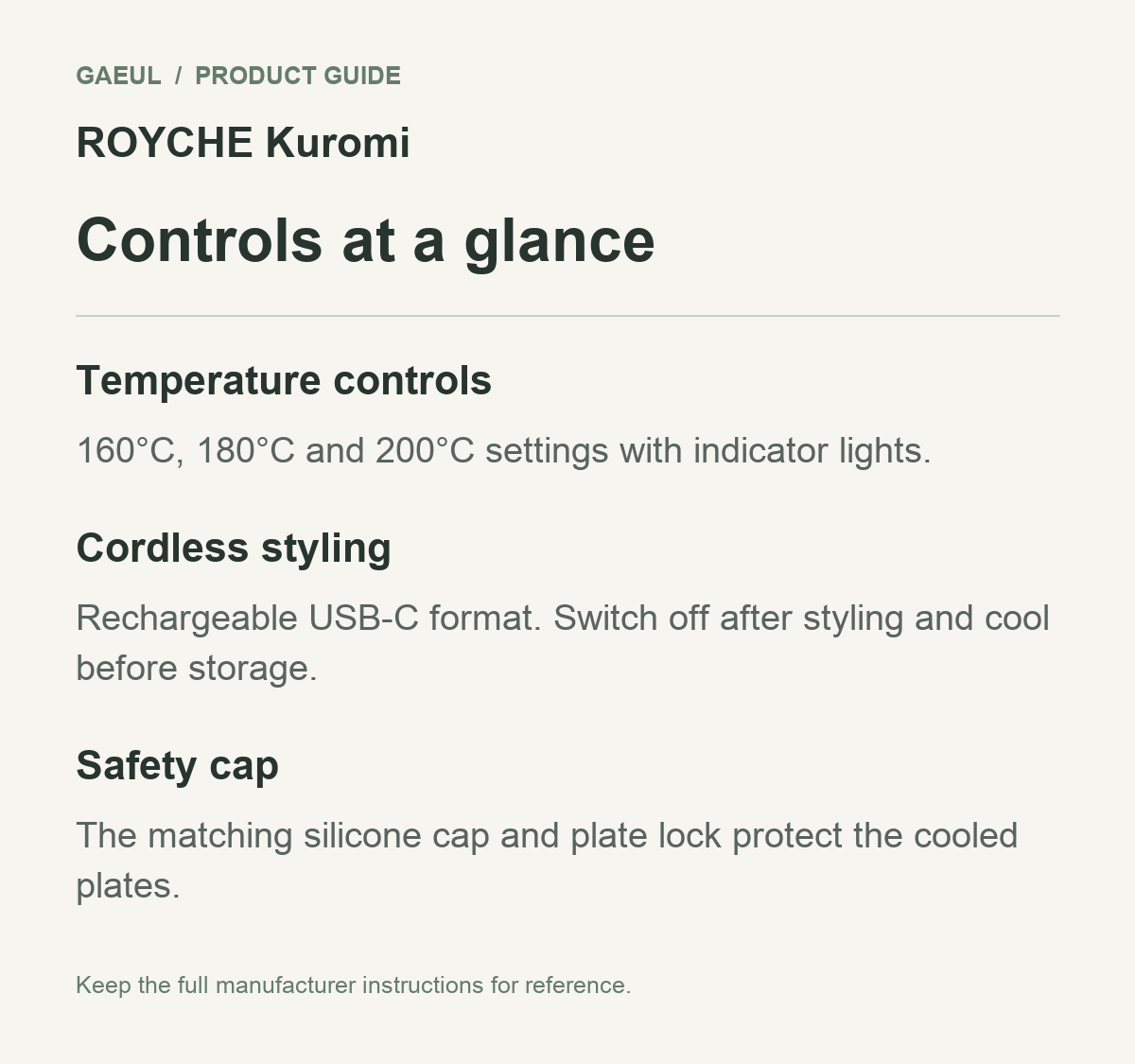 ROYCHE Kuromi controls and functional features in an original English guide.
