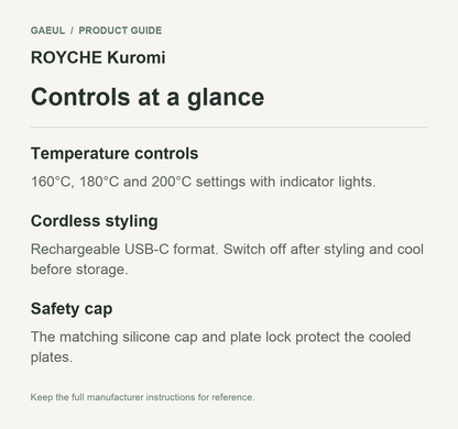 ROYCHE Kuromi controls and functional features in an original English guide.