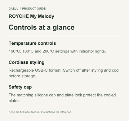 ROYCHE My Melody controls and functional features in an original English guide.
