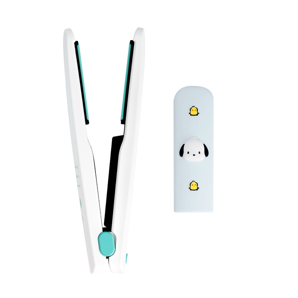 ROYCHE Pochacco wireless mini flat iron and matching silicone safety cap.
