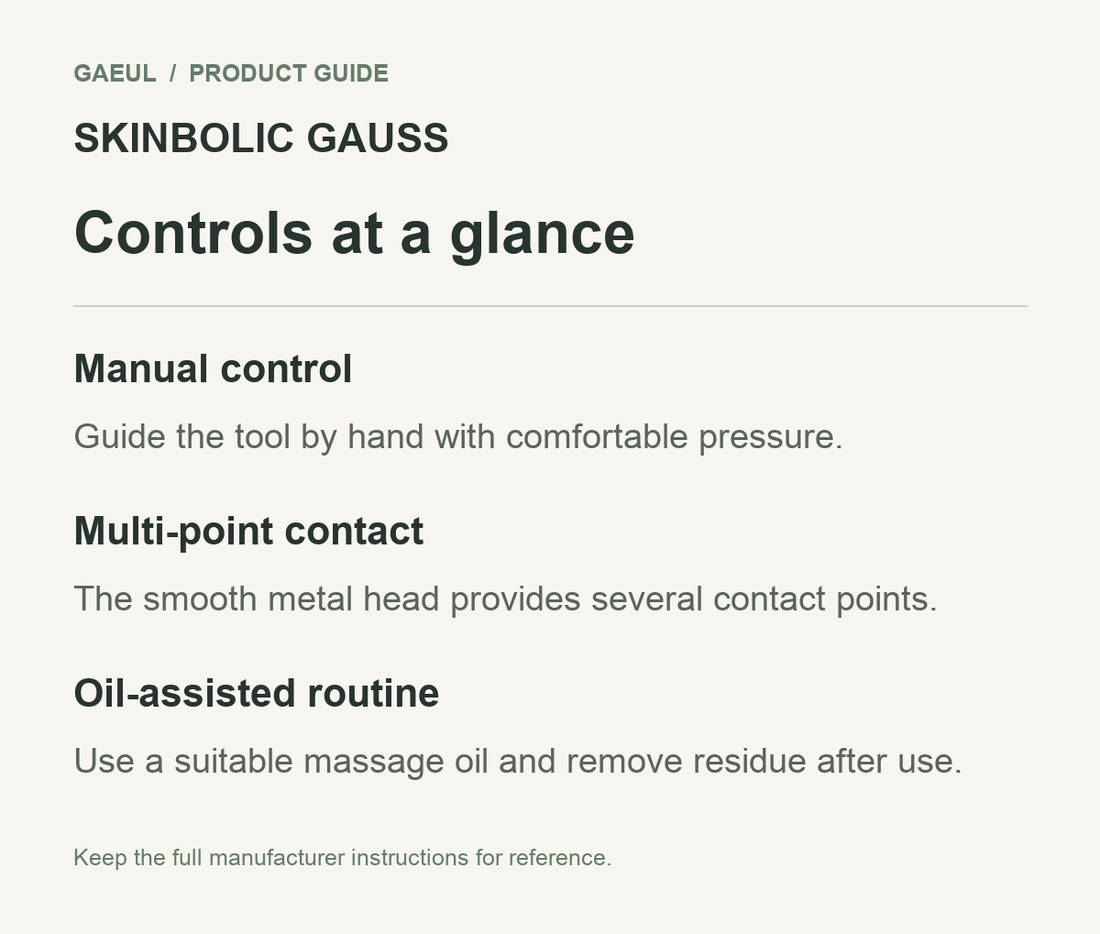 SKINBOLIC GAUSS controls and functional features in an original English guide.
