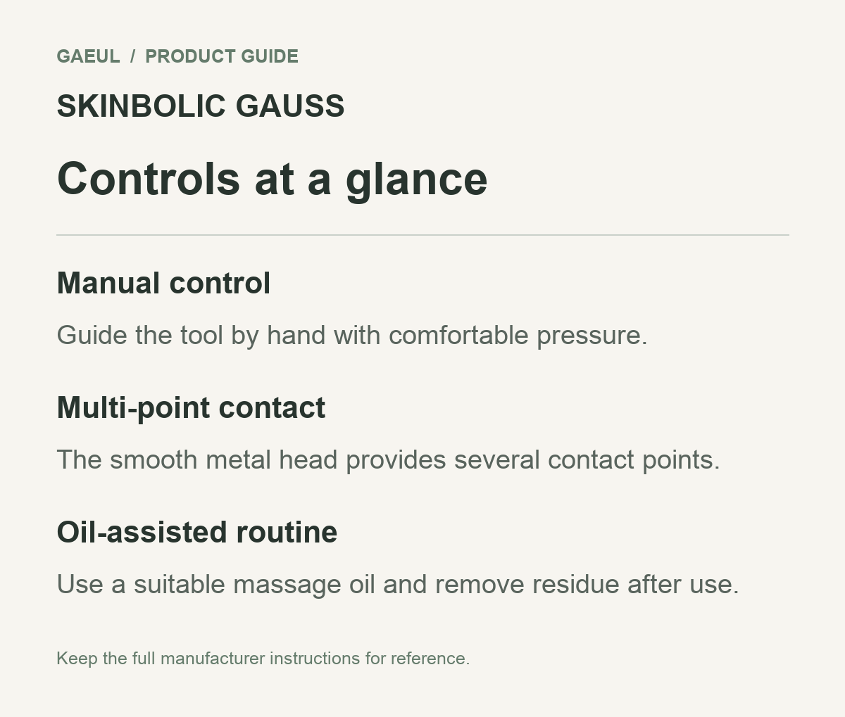SKINBOLIC GAUSS controls and functional features in an original English guide.