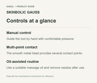 SKINBOLIC GAUSS controls and functional features in an original English guide.