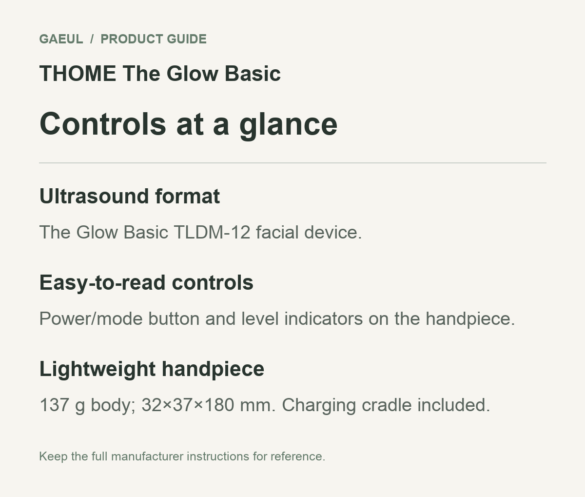 THOME The Glow Basic controls and functional features in an original English guide.