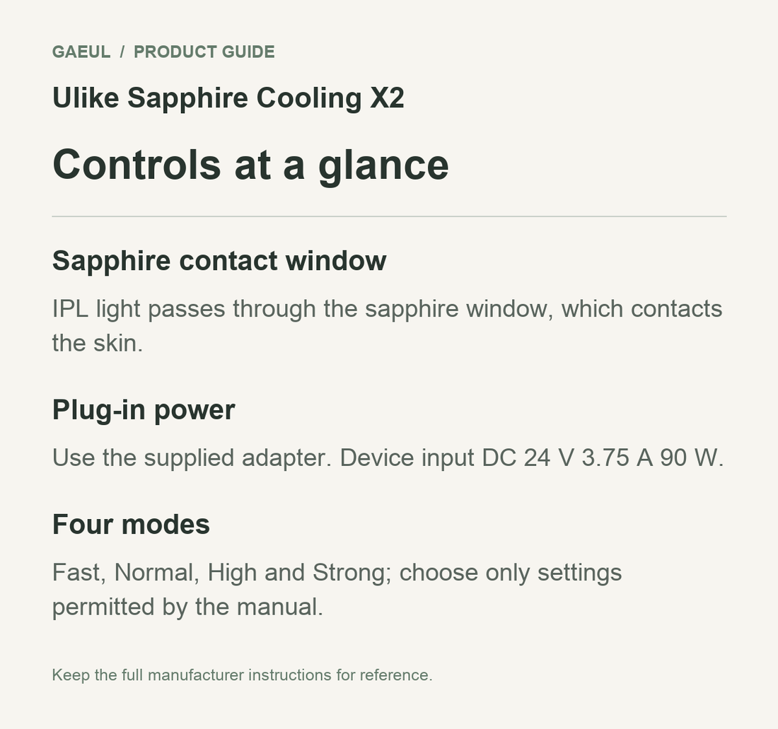 Ulike Sapphire Cooling X2 controls and functional features in an original English guide.