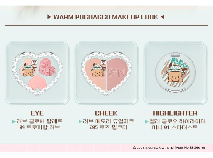 2aN x Pochacco Love Pocket kit: complete Tropical Love eye, Rose Milk Tea cheek and Stardust highlighter guide.