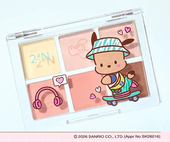 2aN x Pochacco Better Me Eye Palette Summer Guava, complete six-pan palette and character case.