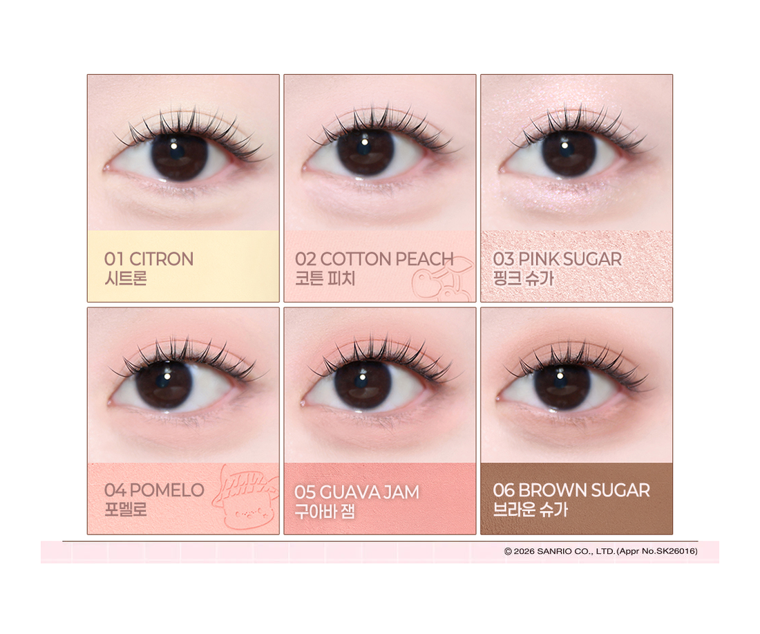2aN x Pochacco Summer Guava palette: all six labeled eye looks, Citron through Brown Sugar.