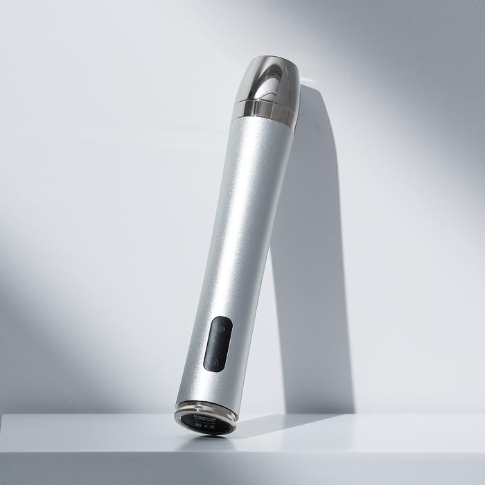 Glow.M Booster Sonic silver ultrasound beauty device, full product view.