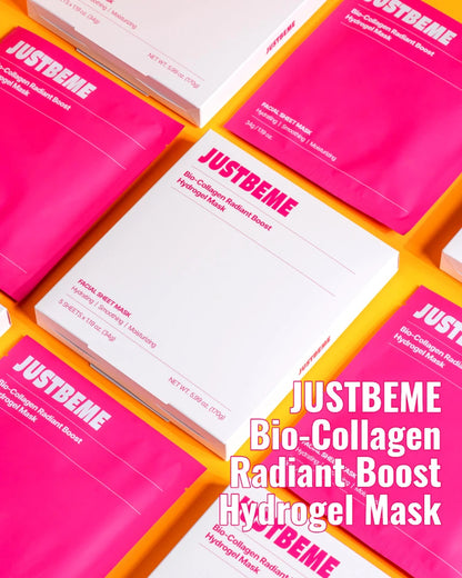 JUSTBEME Bio-Collagen Radiant Boost Hydrogel Mask box and pink pouches