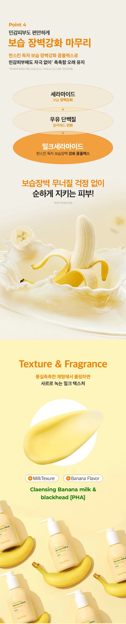 Hanskin cleansing milk ceramide and milk protein composition, texture and fragrance