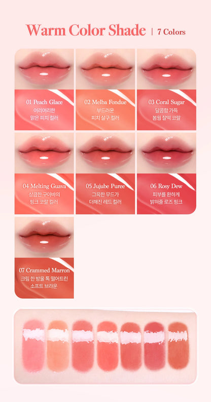 Juicy Dewy Glow Tint warm shades01–07, complete labeled lip and arm swatches
