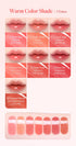 Juicy Dewy Glow Tint warm shades01–07, complete labeled lip and arm swatches