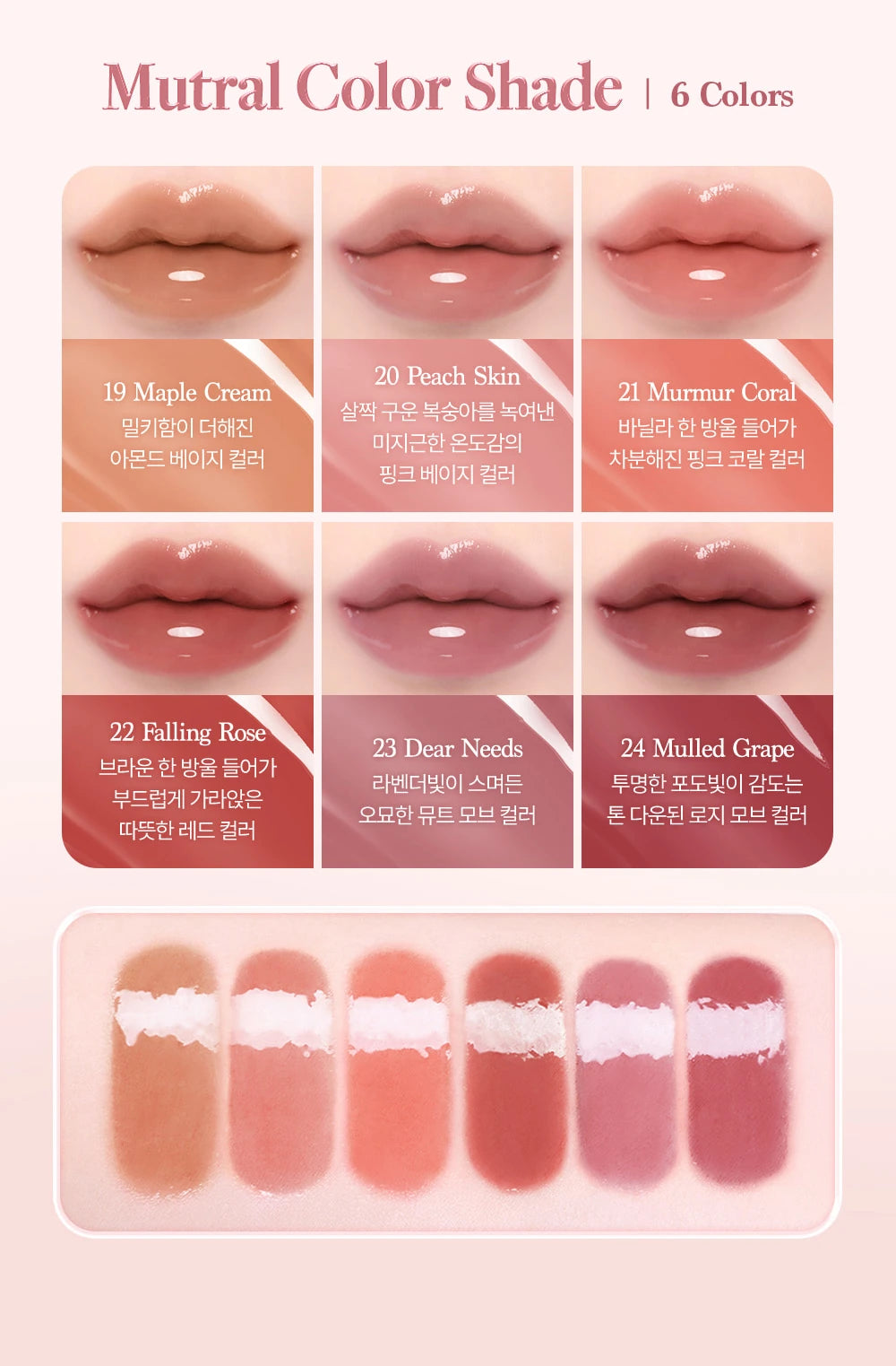 Juicy Dewy Glow Tint muted shades19–24, complete labeled lip and arm swatches