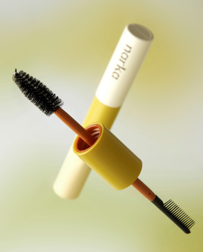 narka standard Hype Fit hair mascara — original closed tube and exposed dual-brush depiction.