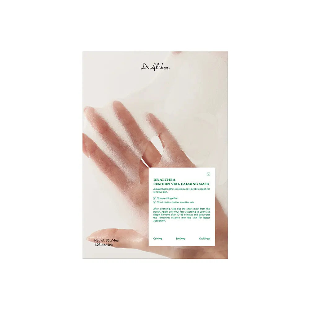 Dr. Althea Cushion Veil Calming Mask retail pack, labeled 35g ×4 sheets.