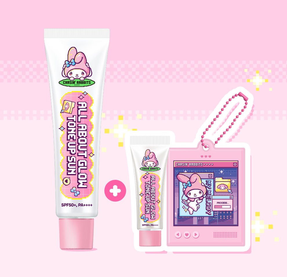 CHASIN RABBITS My Melody Tone Up Sun 70ml, 10ml mini and mirror keychain.