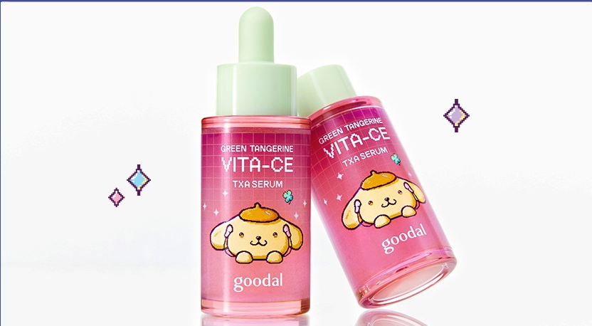 goodal x Pompompurin Green Tangerine Vita-CE TXA Serum Set (30 ml + 30 ml Refill) — main products and packaging.