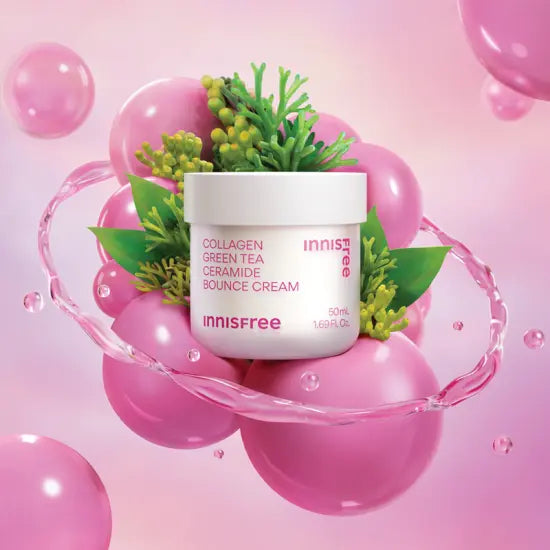 Innisfree Collagen Green Tea Ceramide Bounce Cream in the original manufacturer ingredient-inspired setting.