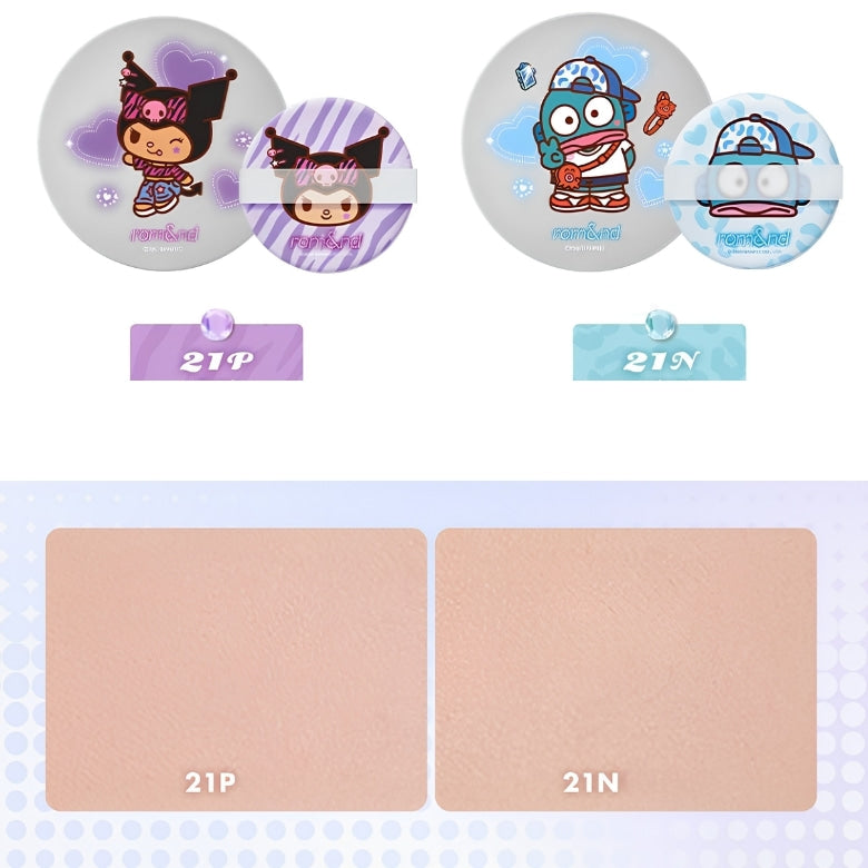 rom&amp;nd UFO Cover Cushion21P Pure Kuromi and21N Natural Hangyodon shade and character comparison