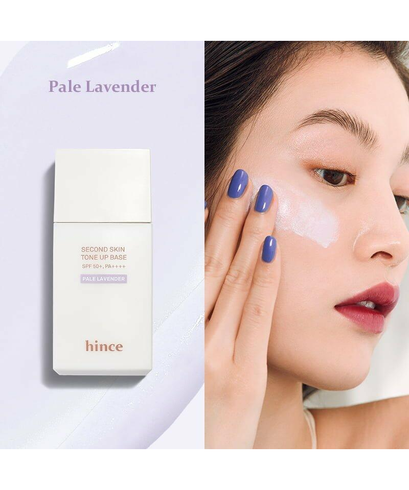 hince Second Skin Tone Up Base 35ml in Pale Lavender, complete original bottle and application photo