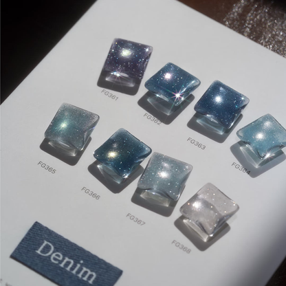 FROMTHENAIL Denim Reflective Magnetic Gel 8 Color Set: complete native shade or formula reference; decorative swatches are examples, not additional contents.