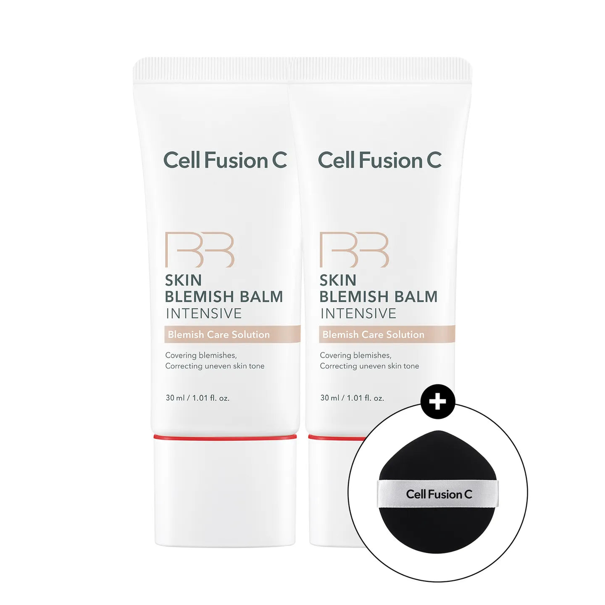 Cell Fusion C Skin Blemish Balm Intensive 30ml Duo &amp; Puff Set: complete two-tube 30ml kit and puff. The common front-pack image does not display a shade label.