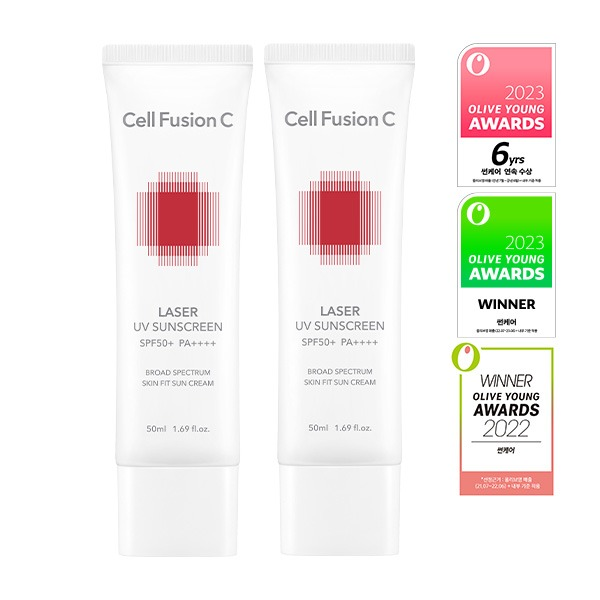 Cell Fusion C Laser UV Sunscreen 50ml Duo: the actual manufacturer two-tube package, both physical labels read 50ml.