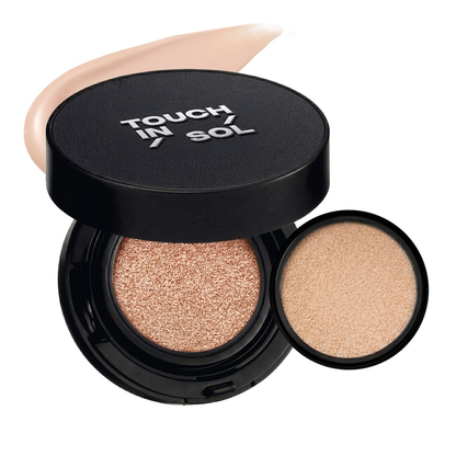 TOUCH IN SOL Black Wear Cushion 20g &amp; Refill 20g Set: actual manufacturer complete compact and refill package. The common campaign photo is not shade-labelled.