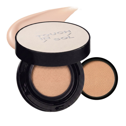 TOUCH IN SOL Cool Wear Cushion 20g &amp; Refill 20g Set: actual manufacturer complete compact and refill package. The common campaign photo is not shade-labelled.