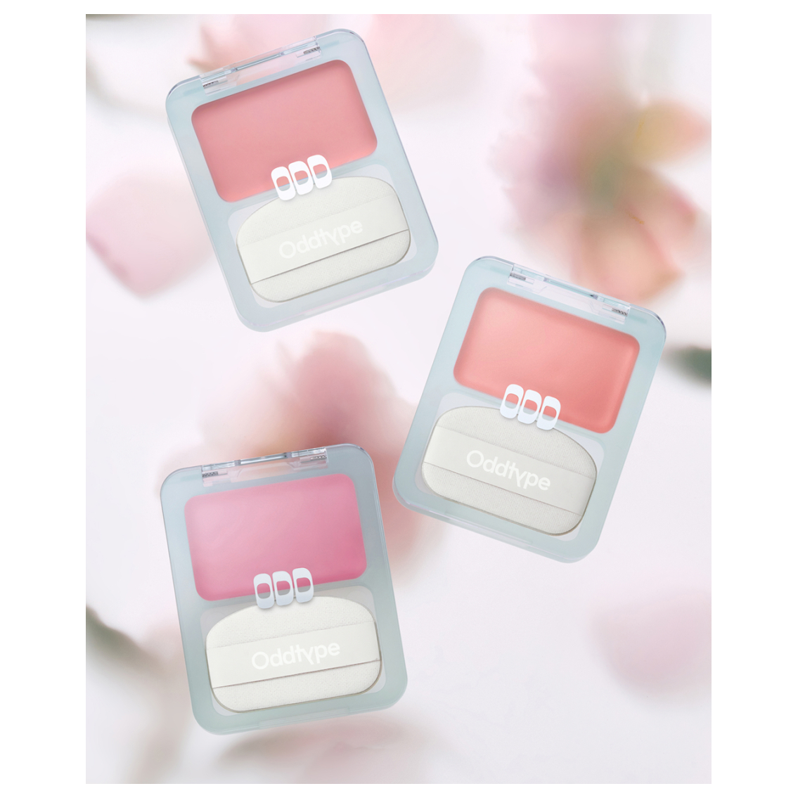 Actual Oddtype Oh Blur Cream Blush product-family photograph showing example shades; one selected-shade compact is supplied