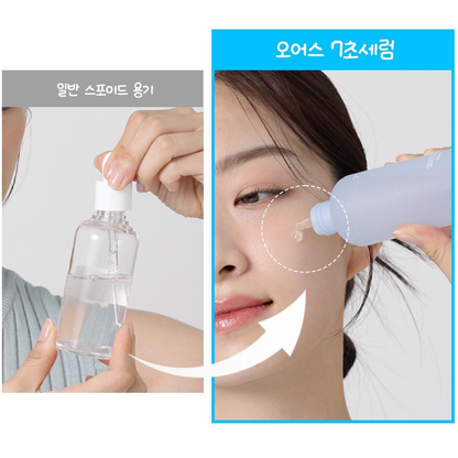 Oearth Hyaluroncica serum manufacturer container and application comparison; other generic bottle shown for comparison only.