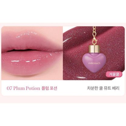 MILKTOUCH Love Potion Shine Gloss4.5ml: original 07 Plum Potion color card with one complete closed heart-shaped gloss container and its matching lip result.