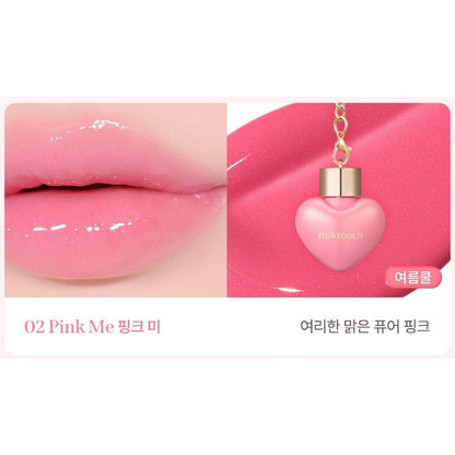 MILKTOUCH Love Potion Shine Gloss4.5ml: original 02 Pink Me color card with one complete closed heart-shaped gloss container and its matching lip result.