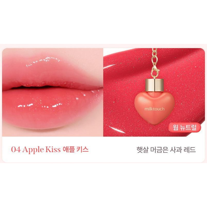 MILKTOUCH Love Potion Shine Gloss4.5ml: original 04 Apple Kiss color card with one complete closed heart-shaped gloss container and its matching lip result.
