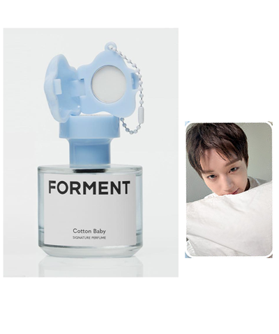 FORMENT Cotton Baby actual50ml perfume, one matching Cotton Hugmon balm keychain and one example Park Jihoon photo card; actual card design is random