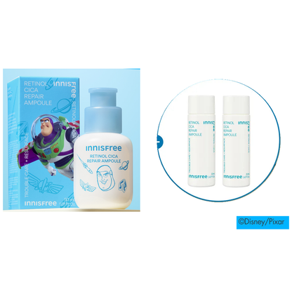 Innisfree x Toy Story5 Retinol Cica Repair Ampoule: one complete50ml Buzz edition bottle with its box and two actual20ml minis, native source composition.