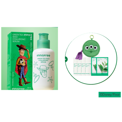 Innisfree x Toy Story5 serum offer: one complete130ml Woody bottle with box, four actual minis, two masks and one Alien pouch.