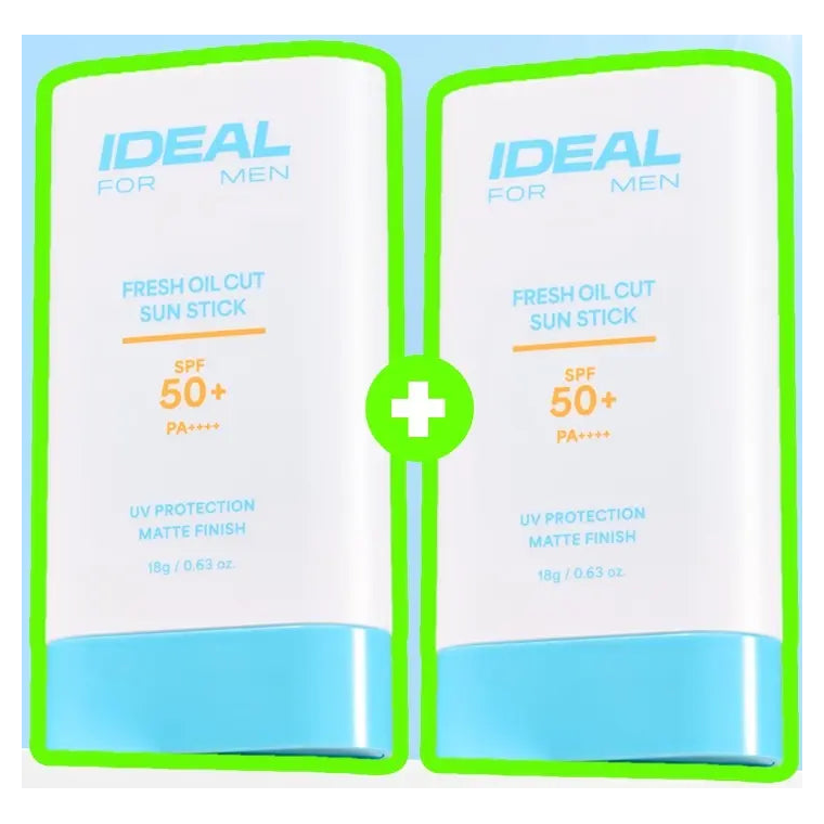 Two actual IDEAL FOR MEN Fresh Oil Cut Sun Stick 18g containers in the original photographed duo arrangement