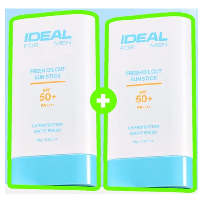 Two actual IDEAL FOR MEN Fresh Oil Cut Sun Stick 18g containers in the original photographed duo arrangement