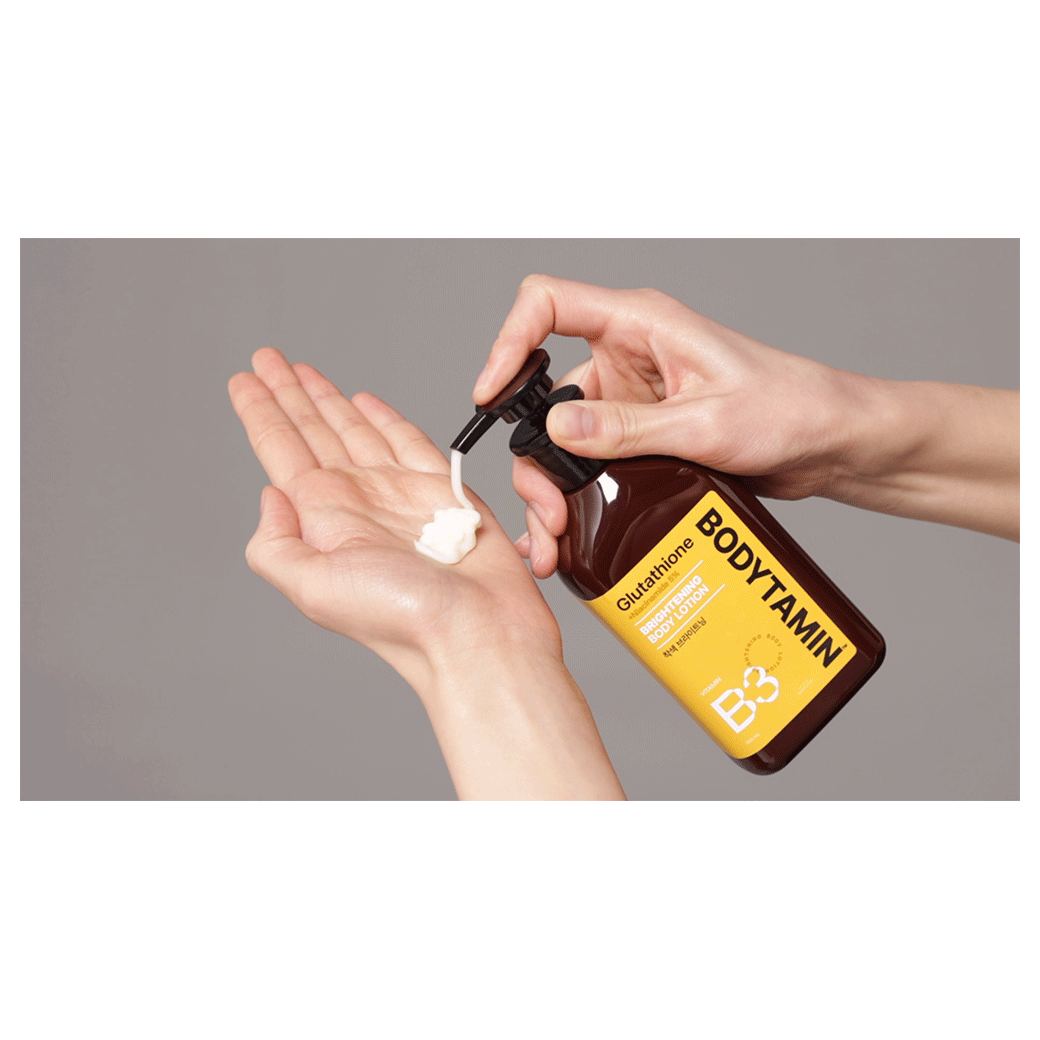 Actual BEYOND Bodytamin Glutathione lotion dispensed from the pump into the palm