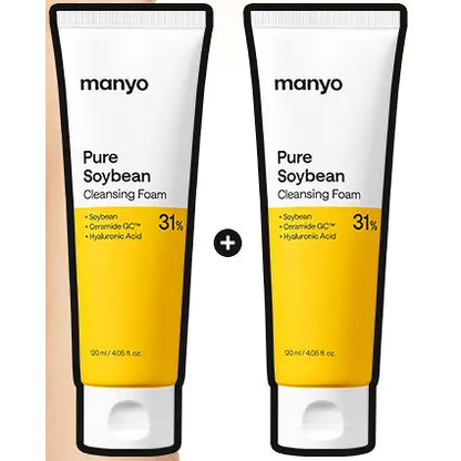 manyo Pure Soybean Cleansing Foam: the two actual complete120ml tubes photographed together in the supplier duo image, no cloning.