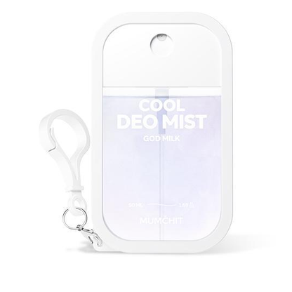 MUMCHIT Cool DeoMist50ml, GOD MILK: actual complete closed mist bottle and attached keyring, original label preserved.