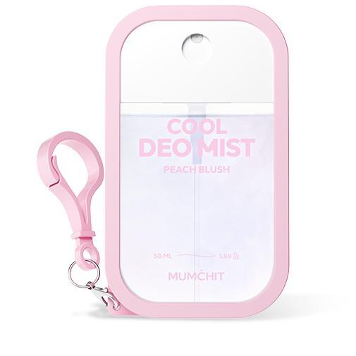 MUMCHIT Cool DeoMist50ml, PEACH BLUSH: actual complete closed mist bottle and attached keyring, original label preserved.