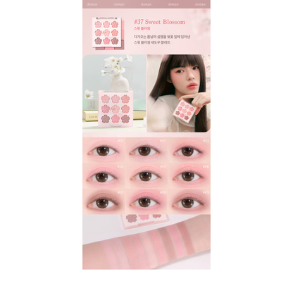 Complete original [SET] 37 Sweet Blossom (+Shadow Brush) palette shade guide with named shade, eye looks and swatches.