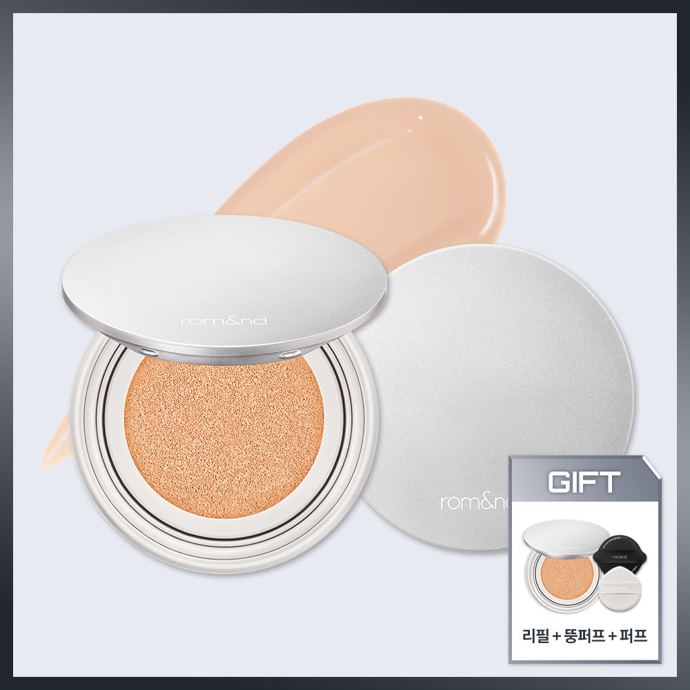 rom&amp;nd standard silver UFO Cover Cushion 21N Natural original kit graphic; one compact, matching refill, thick puff and standard puff shown. No Sanrio character edition or magnetic grip included.