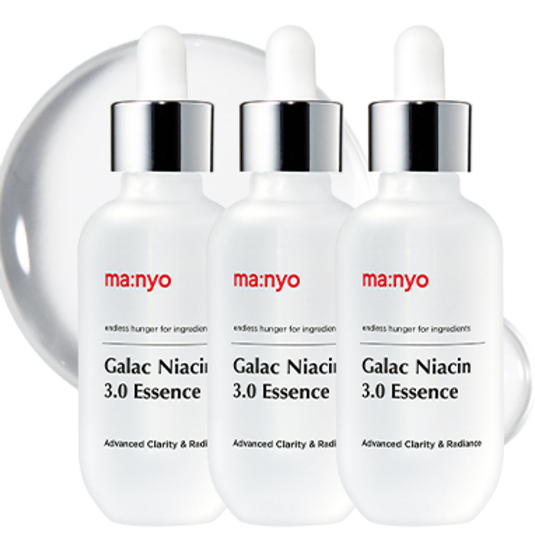 ma:nyo Galac Niacin 3.0 Essence trio showing three full-size bottles.