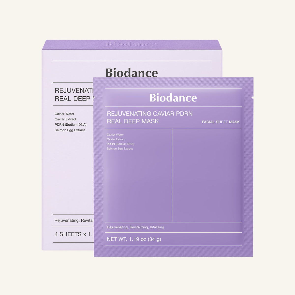 BIODANCE Rejuvenating Caviar PDRN Real Deep Mask four-sheet34g factory pack.