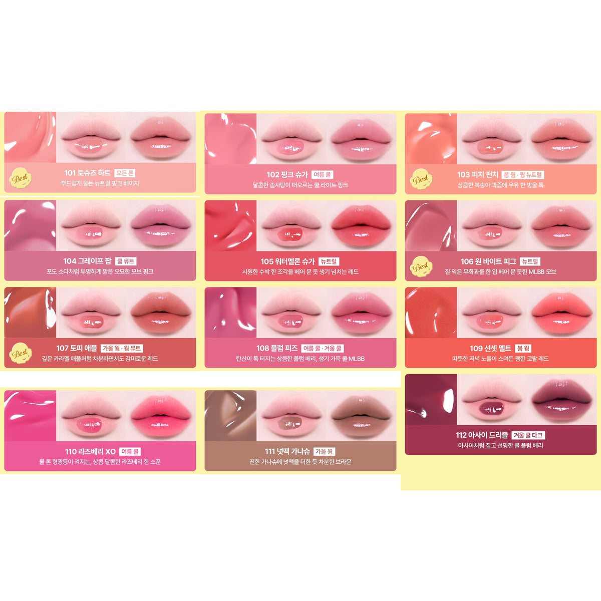 All 12 actual standard 101–112 complete named lip and texture cards; native crops compactly arranged