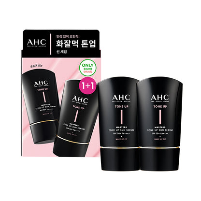 AHC Masters Tone Up Sun Serum duo: two original 50 ml bottles beside the original 1+1 retail carton. Bottle illustrations on the carton are printed artwork.